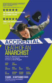 Accidental death of an anarchist dario fo franca rame tom basden theatre royal haymarket london daniel rigby playful productions daniel raggett paul ferris du fer
