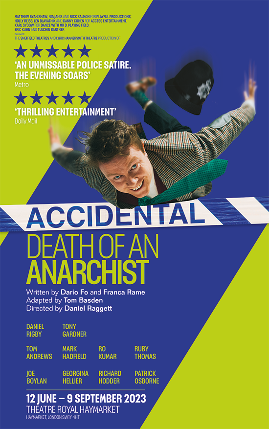 Accidental death of an anarchist dario fo franca rame tom basden theatre royal haymarket london daniel rigby playful productions daniel raggett paul ferris du fer